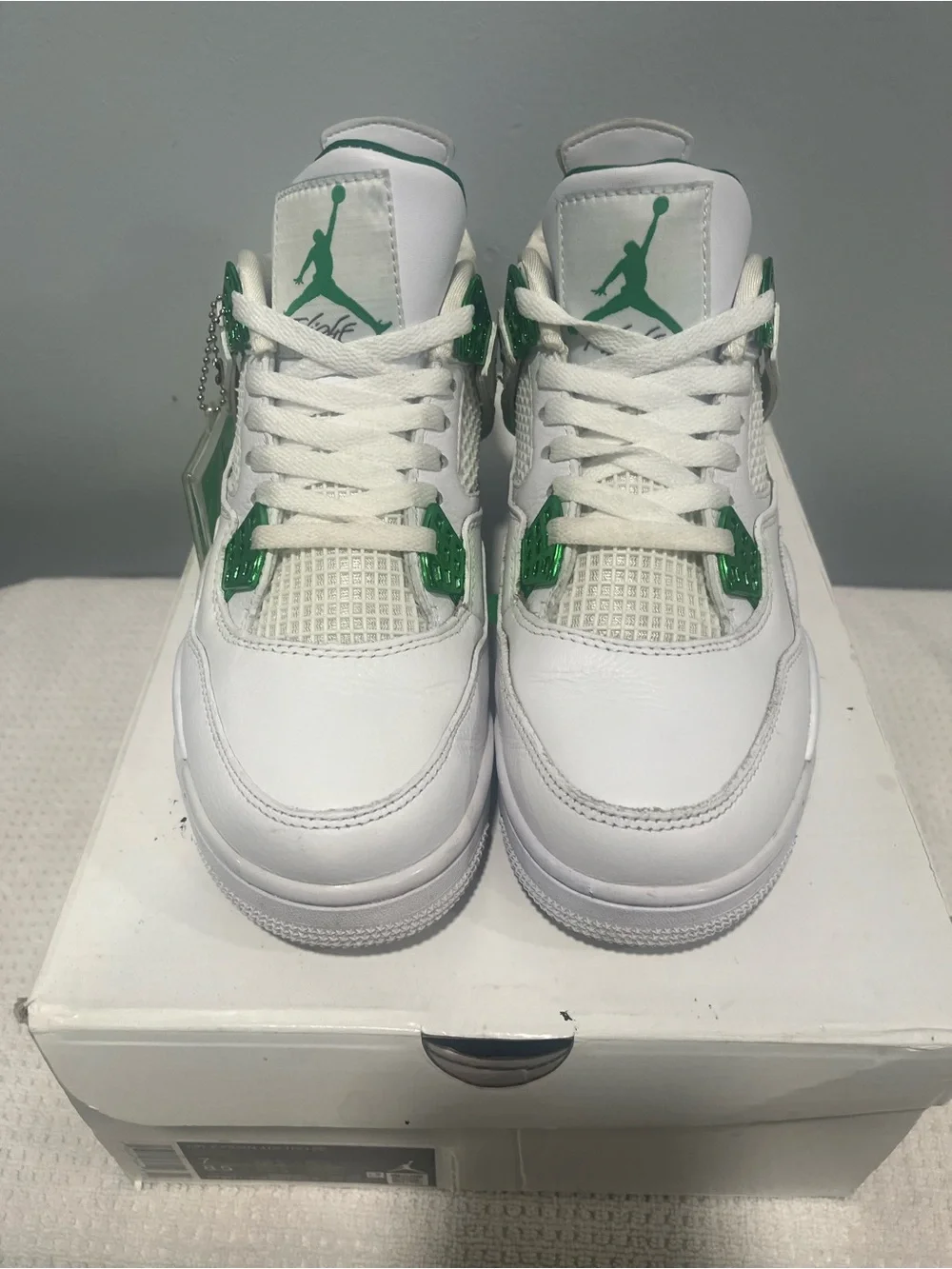 Nike White and Green Air Jordan 4 Retro Metallic Green